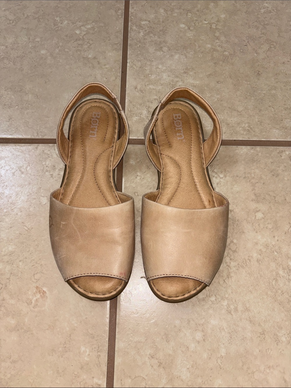 Born Women's Beige Leather Peep-Toe Slingback Sandals